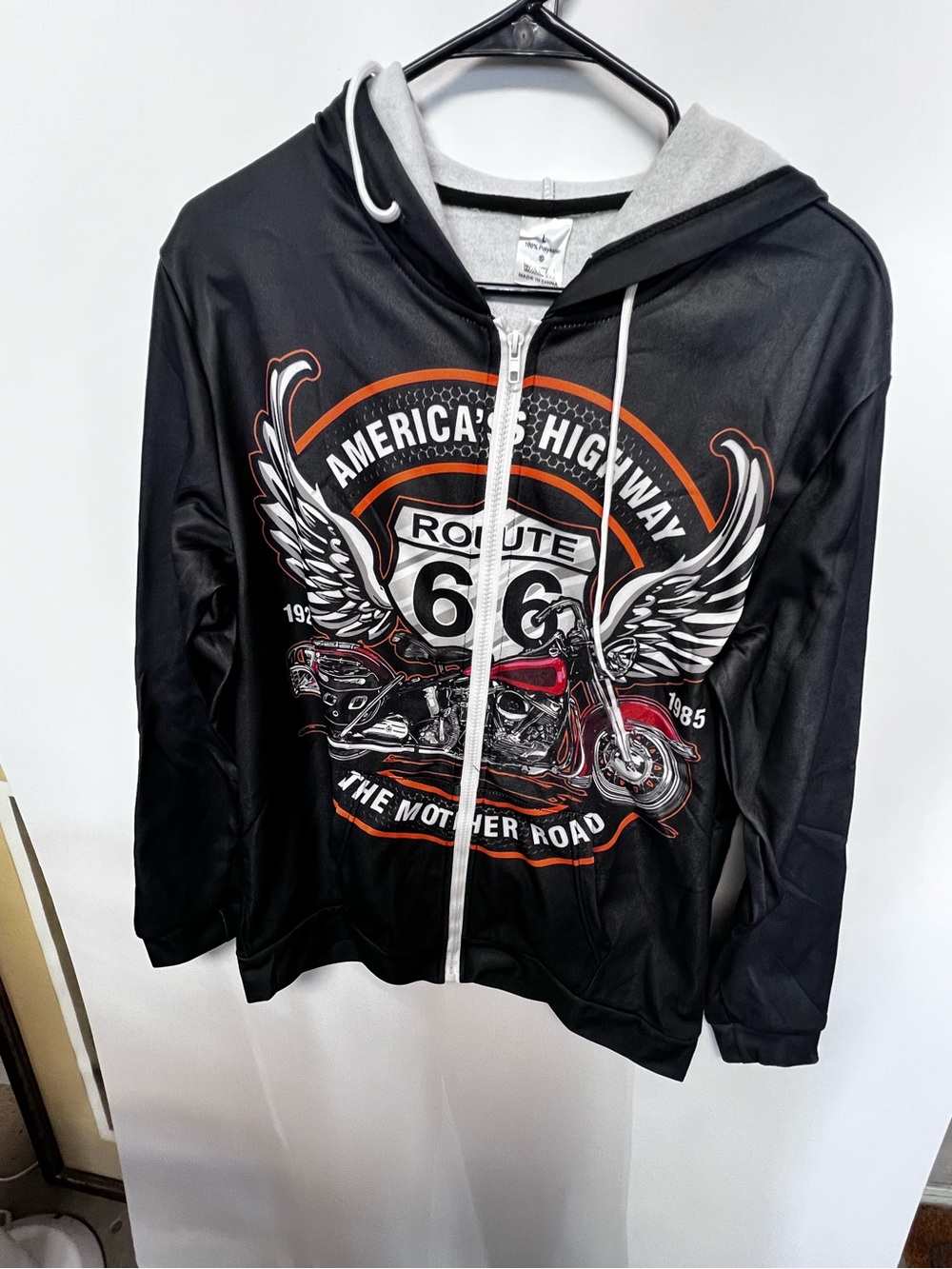 ROUTE 66 BLACK WINGED MOTORCYCLE HOODIE WITH”MOTHER ROAD” MOTORCYCLE GRAPHICS